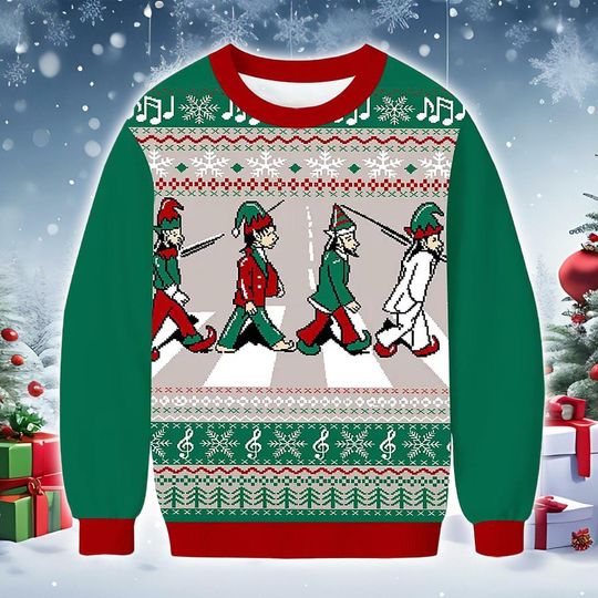 Discover Christmas Sweater Festive Elf Walk Pattern Sweatshirt, Cozy Knit-Style Holiday Top Musical Notes and Winter Motif, Fun Seasonal Gift Apparel