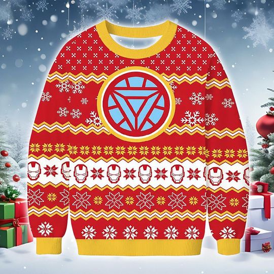Discover Blue Geometric Emblem Sweatshirt, Festive Knit-Style Christmas Sweater with Red Mech Helmet Motif and Winter Snowflake Pattern Holiday Gift
