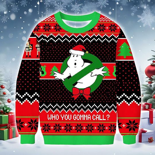 Discover Ghost Emblem Christmas Sweater, Knit-Style Holiday Sweatshirt with Red Green Winter Pattern and Ghost Design, Fun Seasonal Gift Apparel