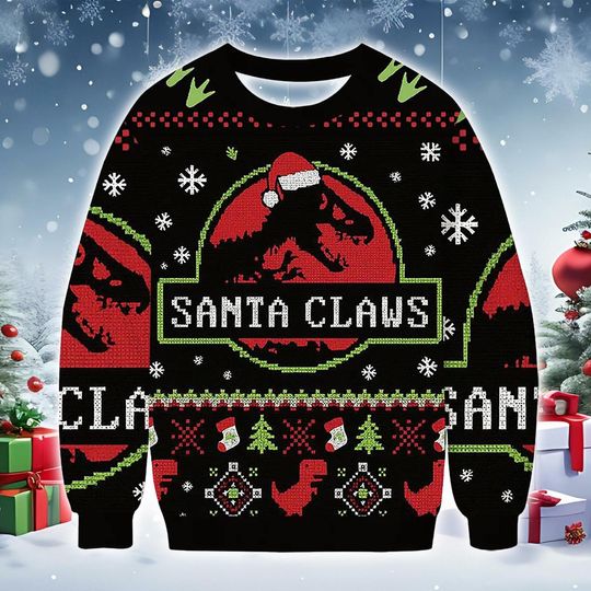Discover Red Dragon Emblem Christmas Sweater, Knit-Style Black Holiday Sweatshirt with Festive Trees and Snowflakes, Fun Winter Graphic Gift Apparel