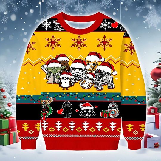 Discover Cute Space Characters Christmas Sweater, Knit-Style Yellow Holiday Sweatshirt with Cartoon Galaxy Crew and Festive Snowflake Pattern Gift