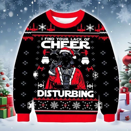 Discover Black Masked Figure Christmas Sweater, Knit-Style Holiday Sweatshirt with Festive Red Santa Outfit and Snowflake Pattern Funny Winter Gift