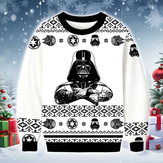 Discover Black Masked Figure Christmas Sweater, Knit-Style White Holiday Sweatshirt with Bold Emblem Motifs and Winter Pattern Festive Gift Apparel