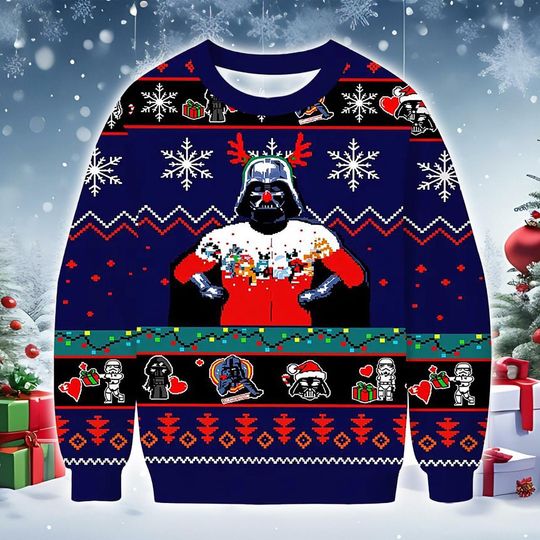 Discover Blue Masked Figure Christmas Sweater, Knit-Style Holiday Sweatshirt with Festive Costume Graphic Snowflake Pattern Fun Winter Gift Apparel