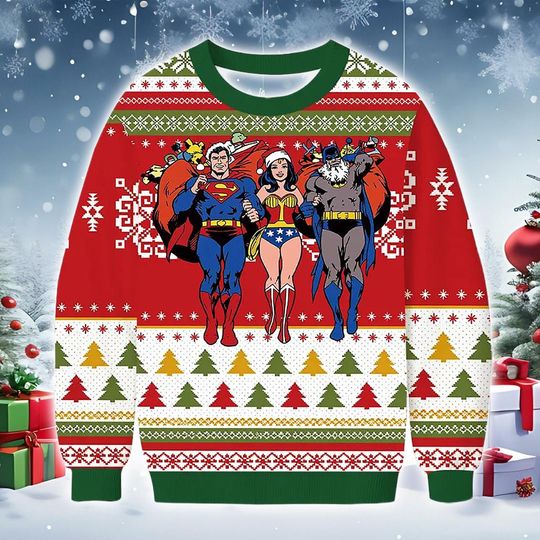 Discover Christmas Sweatshirt heroic trio graphic, red and green festive pattern, cozy holiday pullover for winter parties and fun seasonal gifting