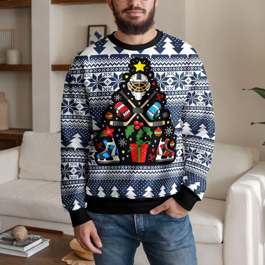 Discover Funny Hockey Christmas Tree Sweater, Goalie Mask Ugly Xmas Pullover