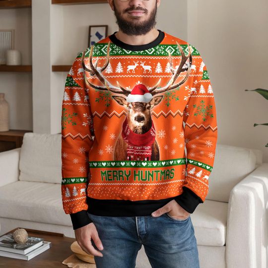 Discover Merry Huntmas Christmas Sweater for Men Women, Funny Deer Hunting Ugly Xmas Pullover