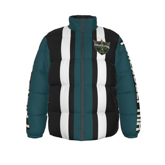 Discover Unisex Philadelphia Down Jacket with All-Over Striped Print Puffer Coat