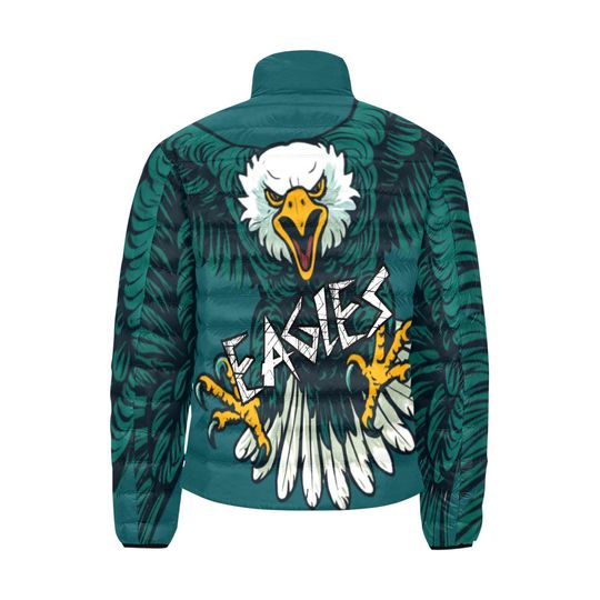 Discover Unisex Eagle Puffer Bomber Jacket - Midnight Green Feather Pattern Outerwear