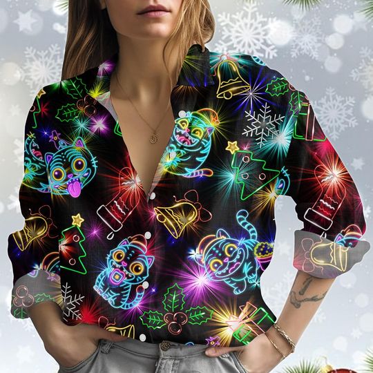Discover Neon Light Tiger Linen-Look Shirt, Xmas Blouse Shirt, Christmas Blouse Women, Christmas Costume Gift, Xmas Holiday Gift