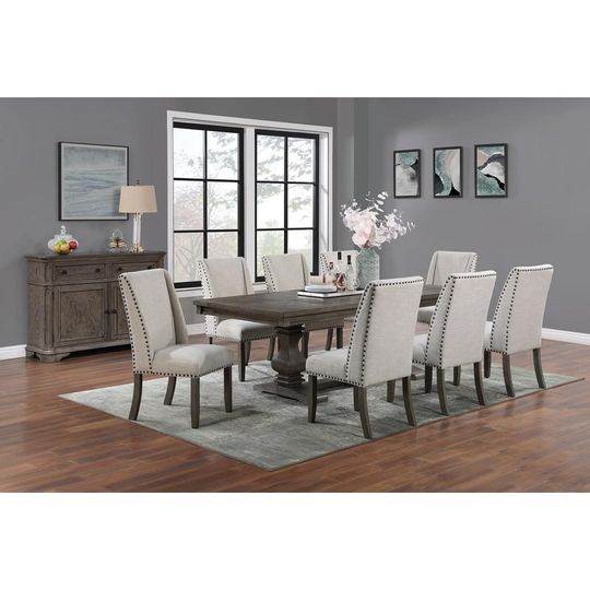 Discover Traditional 9-Piece Dining Set with Leaf, 8 Side Chairs, Pedestal Base, Oak Finish, Wingback Design, Upholstered Cushions,