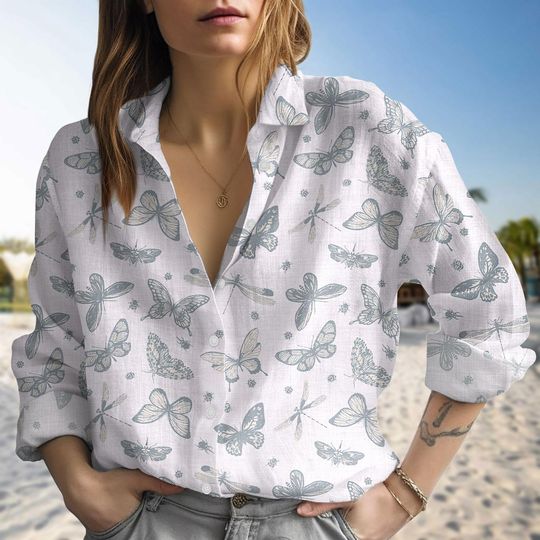 Butterfly and Dragonfly Linen Look Blouse for Women, Gift for Her