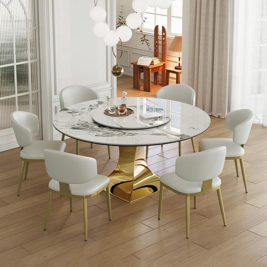 Discover 59" Round Sintered Stone Dining Table Set with Gold Stainless Steel Hourglass Base & 6 Grey Padded Chairs - Modern Luxury