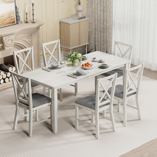 Discover 7-Piece Dining Room Table Set with 6 Upholstered Chairs Kitchen Stools Gray