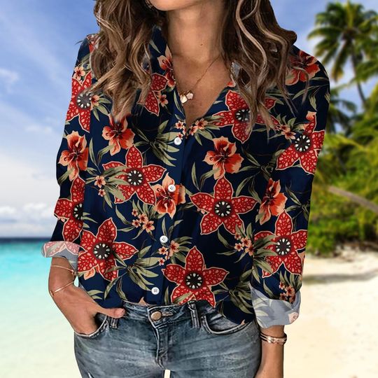 Discover Red Floral Linen-Look Shirt, Blouse Women Shirt, Tropical Beach Shirt, Summer Vacation Gift For Women