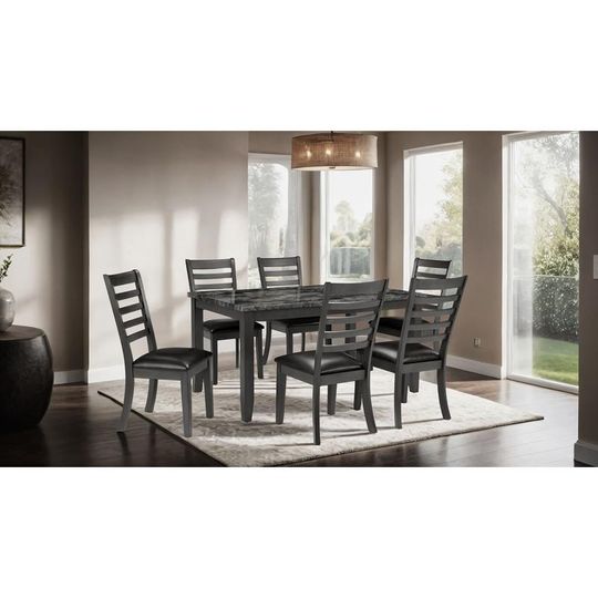 Discover Classic Dark Gray 7-Piece Dining Set with Faux Marble Top Table and 6 Leatherette Side Chairs for the Dining Room
