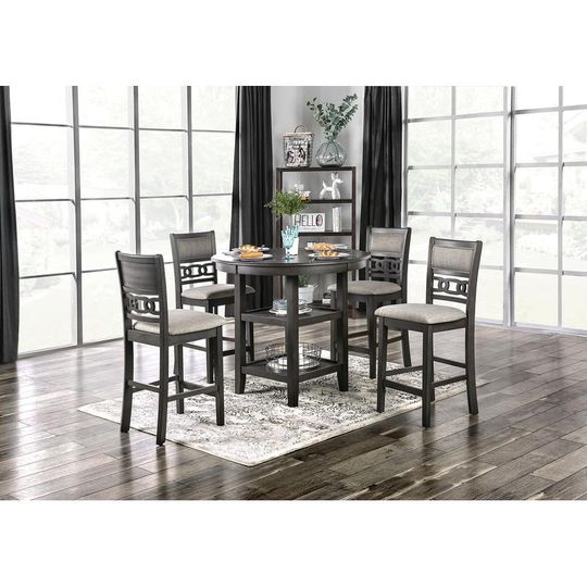 Discover Transitional Gray Finish 5-Pc Counter Height Dining Set, Round Table with Open Shelves, 4 Padded Chairs