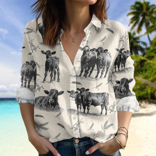 Cow Linen-Look Shirt, Farm Animal Blouse Shirt, Highland Cow Button Up Shirt, Country Girl, Western Style Shirt