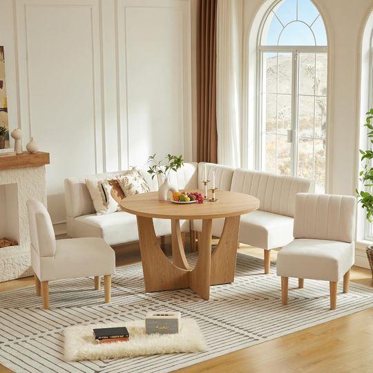 Discover Round Dining Table Set with Loveseat & Chairs, 47 Inch Farmhouse 5-Piece Round Table Setting for 4 to 6, Wood Circle Table