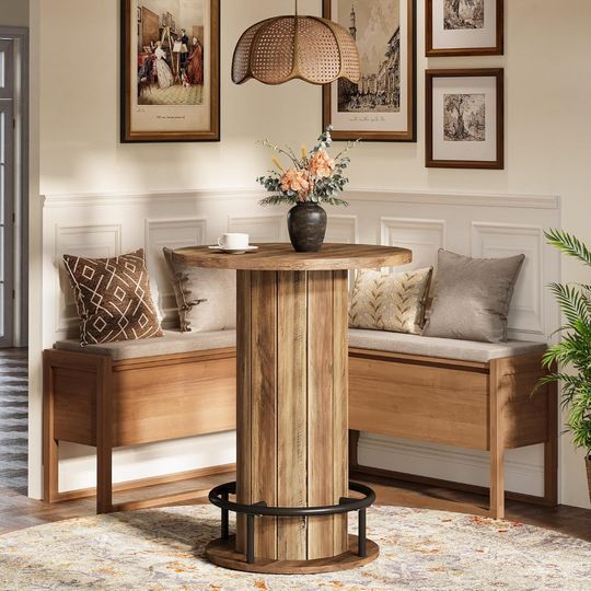 Discover Round Dining Table, Bar Height Commercial Kitchen Table with Wood Strip Base and Footrest, for Dining Room, Restaurant, Cafe