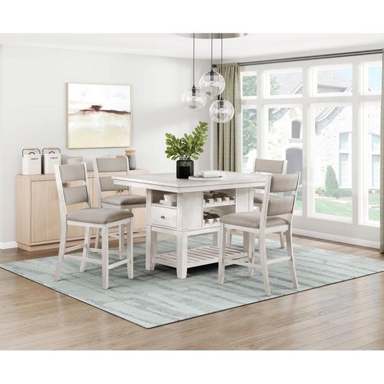 Discover 5pc Counter Height Dining Set with Antique White Table, Storage Drawers, Wine Rack, 4 Upholstered Chairs