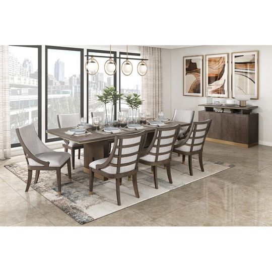 Discover Modern Brown Finish 9-Piece Dining Set with Extension Table and 8 Armchairs, Upholstered Kitchen Furniture with Gold Tipping.