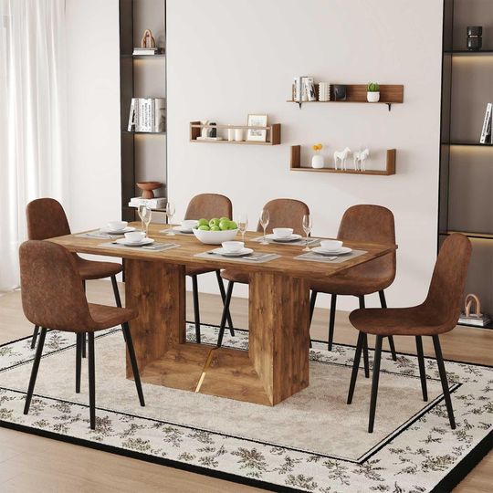 Discover 63'' Wood Dining Table Set for 6｜Ideal for Kitchen Dining Room｜Mid Century Modern Dining Room Set｜Farmhouse Kitchen Table