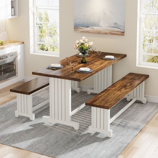 Discover Tribesigns 47" Small Dining Table Set for 2, 3-Piece Kitchen Table with 2 Benches, Farmhouse Wood Dinner Furniture