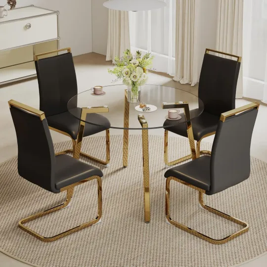 Discover 42”Round Dining Table Set for 4,Tempered Glass Tabletop with Luxury Golden Metal Legs,Small Kitchen Room Table with 4 Black Arml