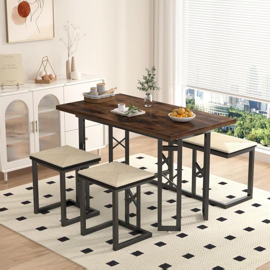 Discover 43.3" Dining Table Sets, Farmhouse Kitchen Table for 4 with 3 Seats & Wicker Seat Cushions,Metal Frame Space-Saving Adjustable