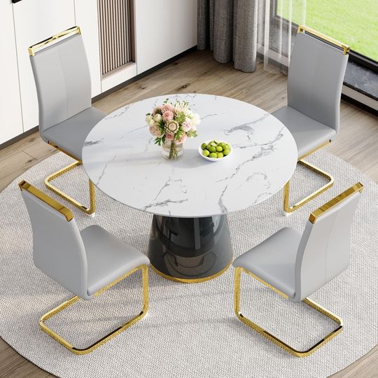 Discover Round Dining Table Set for 4,45'' Faux Marble Dining Room Table Set for 4 with Upholstered Chairs,5 Pieces Modern Dinner Table