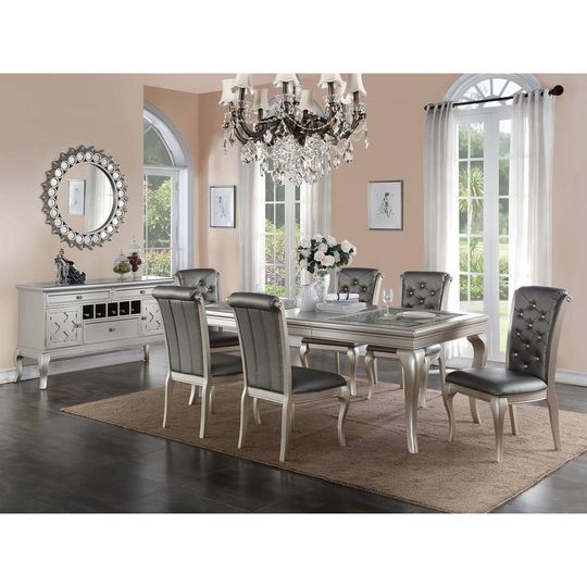 Discover 7pc Rect. Glass Dining Table Set w/ Silver Hue & 6 Tufted Side Chairs for Dining Room