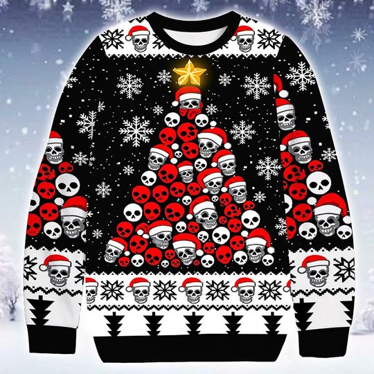 Discover Gothic Christmas Ugly Sweater Skull Tree Holiday Party Jumper 2025: Black and Red Printed Knit Apparel