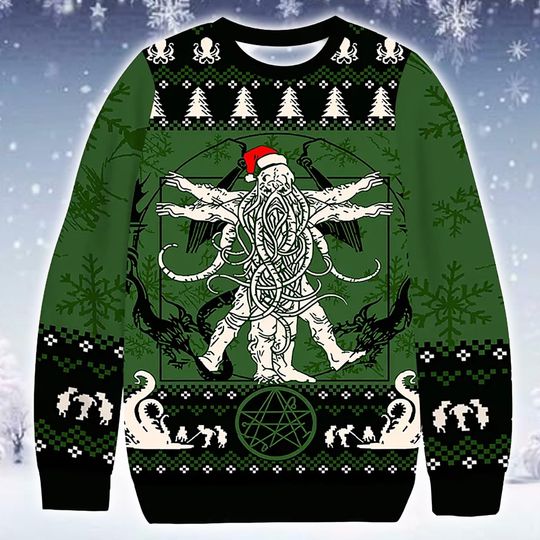Discover Horror Mythos Ugly Christmas Sweater Cultist Theme Jumper 2025: Green Printed Novelty Knit Apparel