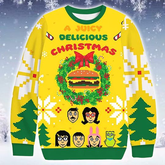 Funny Ugly Christmas Sweater Animated Family Comedy Jumper 2025: Yellow Burger Theme Printed Apparel