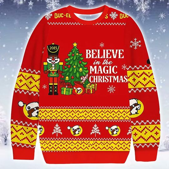Holiday Ugly Christmas Sweater Nutcracker Theme Jumper 2025: Red and Yellow Printed Novelty Knitwear