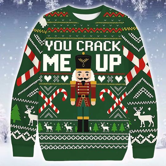 Funny Christmas Ugly Sweater Nutcracker Pun Jumper 2025: Green Candy Cane Printed Holiday Apparel