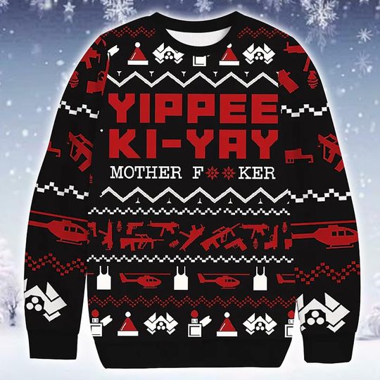 Discover Funny Ugly Christmas Sweater Action Movie Quote Jumper 2025: Black and Red Printed Holiday Apparel