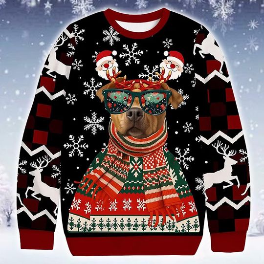 Discover Funny Ugly Christmas Sweater Dog Lover Holiday Party Jumper 2025: Pit Bull Breed Printed Knit Apparel
