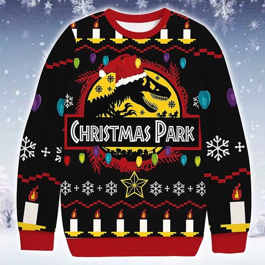 Discover Ugly Christmas Sweater Dinosaur Movie Theme Jumper 2025: Extinct Creature Printed Holiday Apparel
