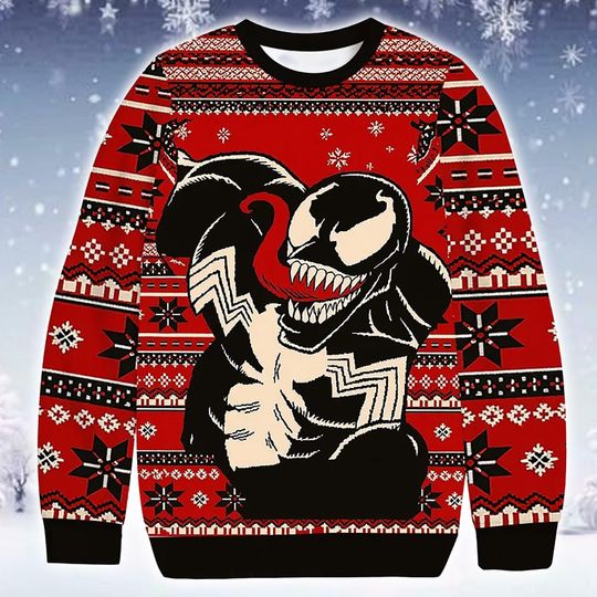 Ugly Christmas Sweater Anti Hero Comic Book Theme Jumper 2025: Red and Black Printed Novelty Apparel