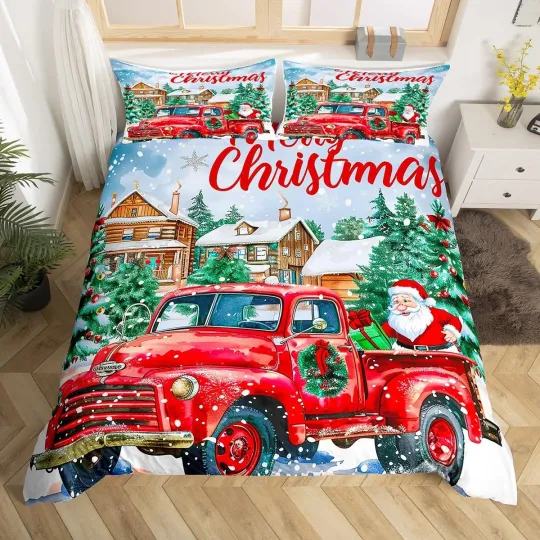 Discover Merry Christmas Duvet Cover Set Santa Claus and Red Car Bedding Collection