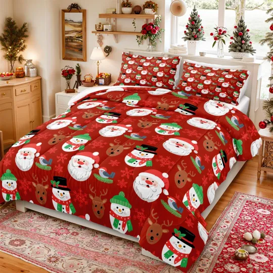 Discover Cute Christmas Snowflake Snowman and Deer Bedding Set with Santa Claus Design