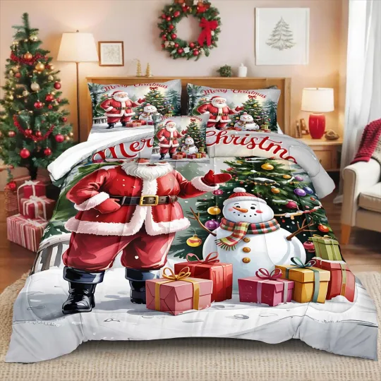 Discover Santa Claus King Comforter Set with Snowman and Christmas Tree Bedding