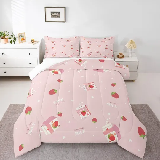 Discover Pink Strawberry Full Size Comforter Set for Kids