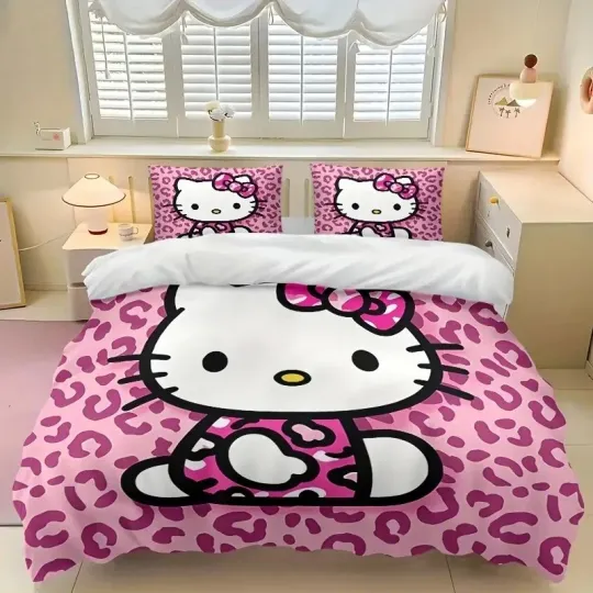 Sanrio Hello Kitty Leopard Print Comforter Duvet Cover Set, Cute Bedding Collection