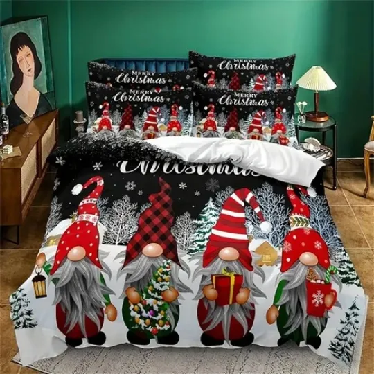 Discover Christmas Gnomes Snowy Bedding Set Double Quilt Cover with Pillowcases