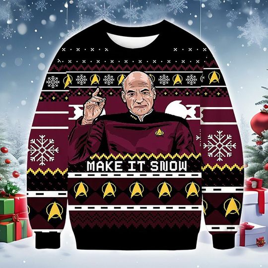 Discover Space Captain Make It Snow Christmas Sweatshirt, burgundy festive winter pullover with sci fi uniform design, funny holiday gift for him her