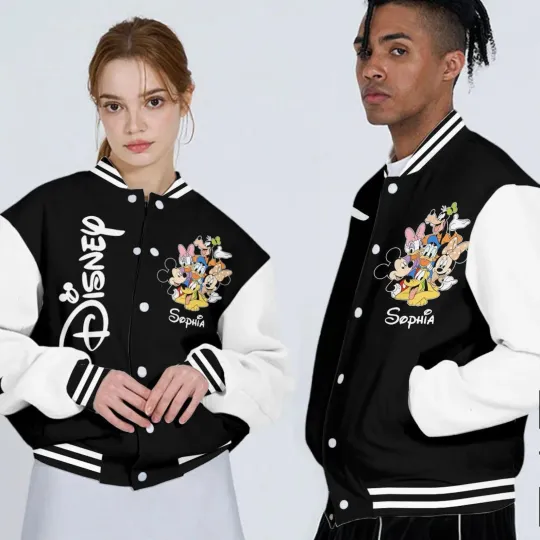 Discover Personalized Mickey & Friends Gift For Fan Black & White Baseball Jacket