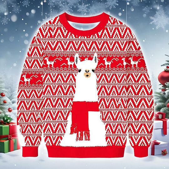 Discover Christmas Sweatshirt with cute alpaca design, red and white festive pattern, cozy winter pullover for holiday parties fun seasonal gifting